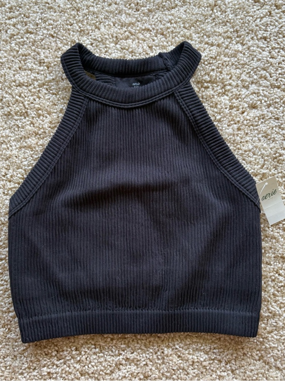 aerie Black‎ Ribbed High-Neck Crop Tank Top Small